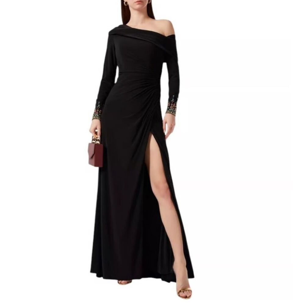 NWT Mac Duggal Beaded Cuff Drop Shoulder Faux Wrap Lined Gown Dress Women's 2